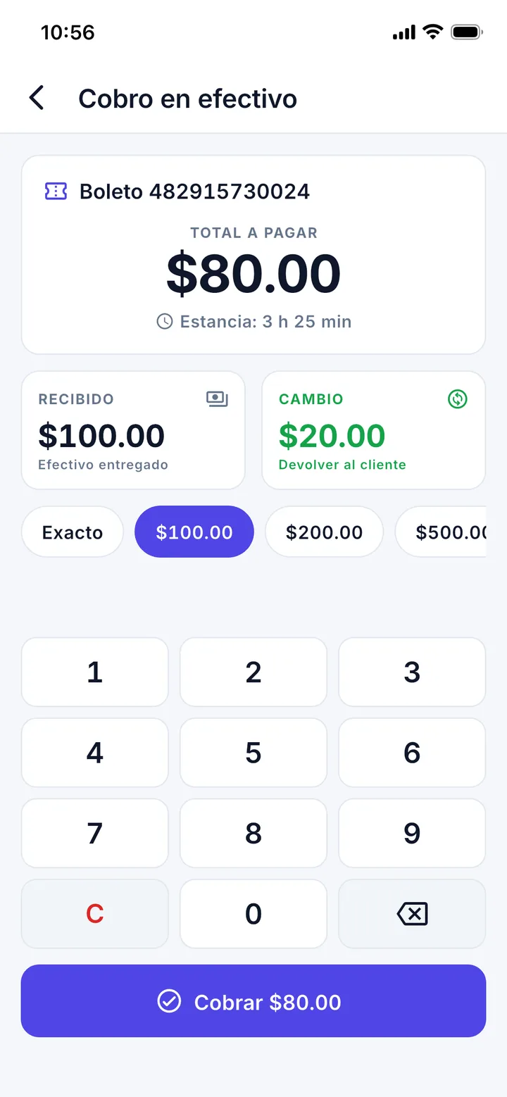 Cobro en efectivo: recibió $100.00 y el cambio es $20.00