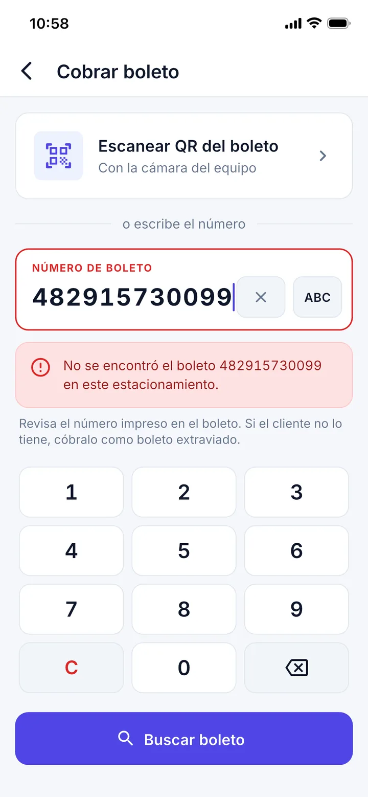 No se encontró el boleto en este estacionamiento