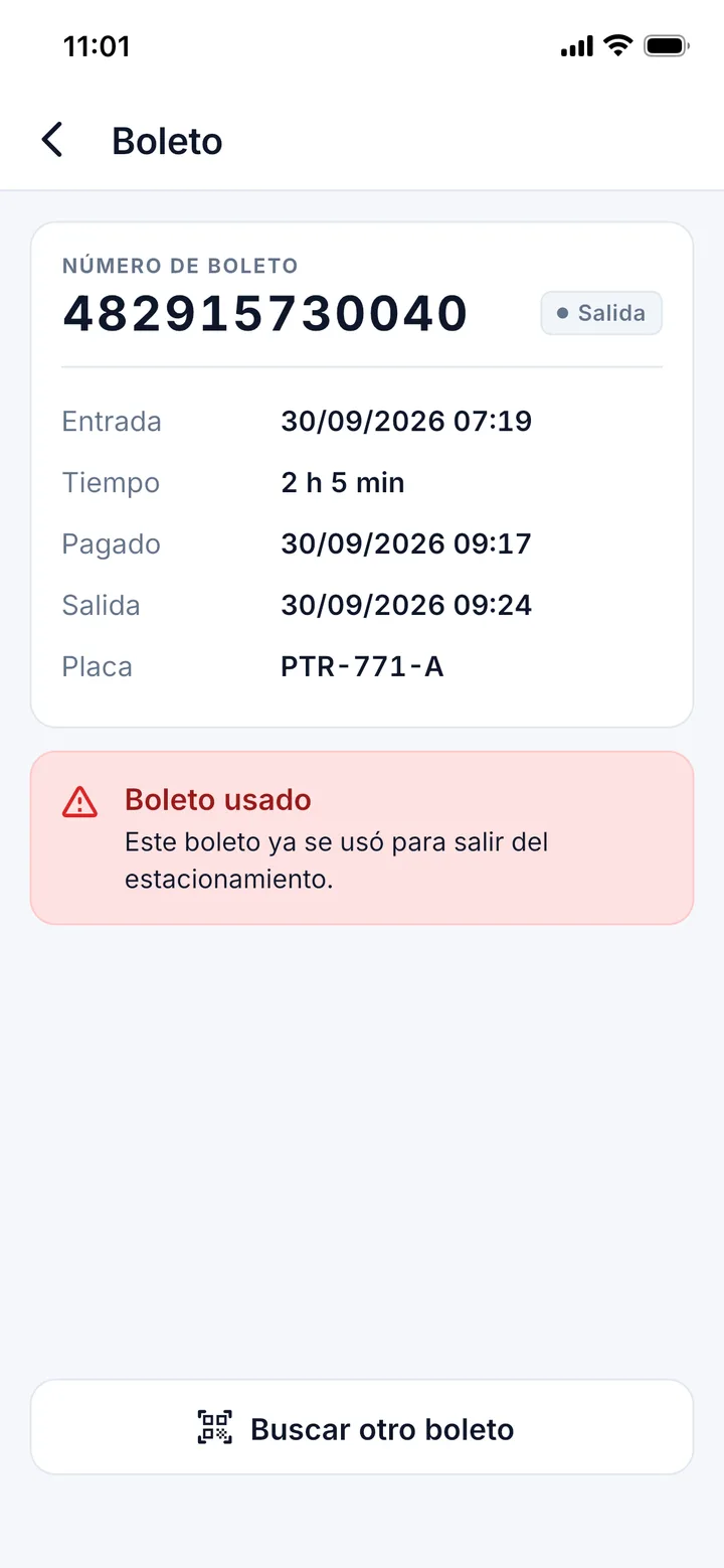 Boleto usado: ya salió del estacionamiento