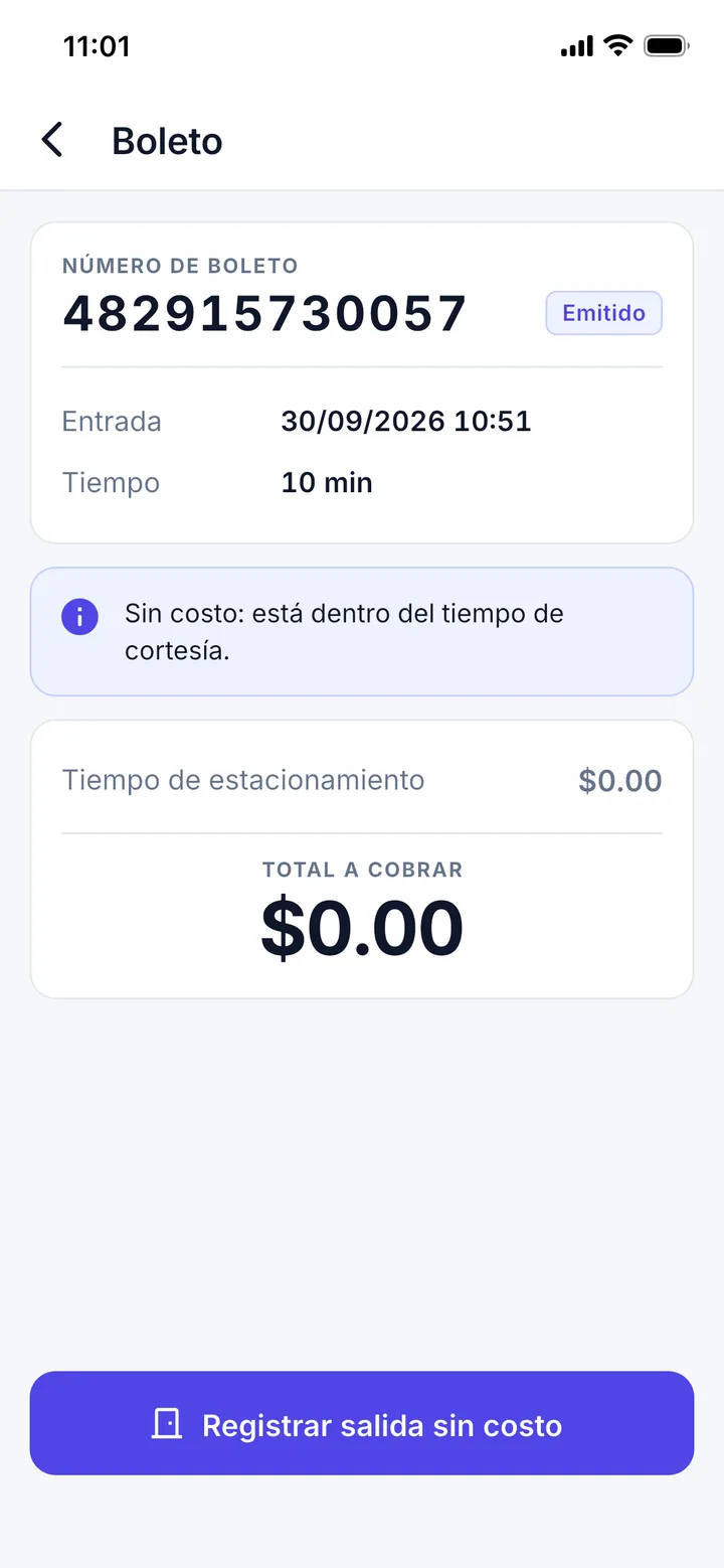 Boleto dentro del tiempo de cortesía, total $0.00