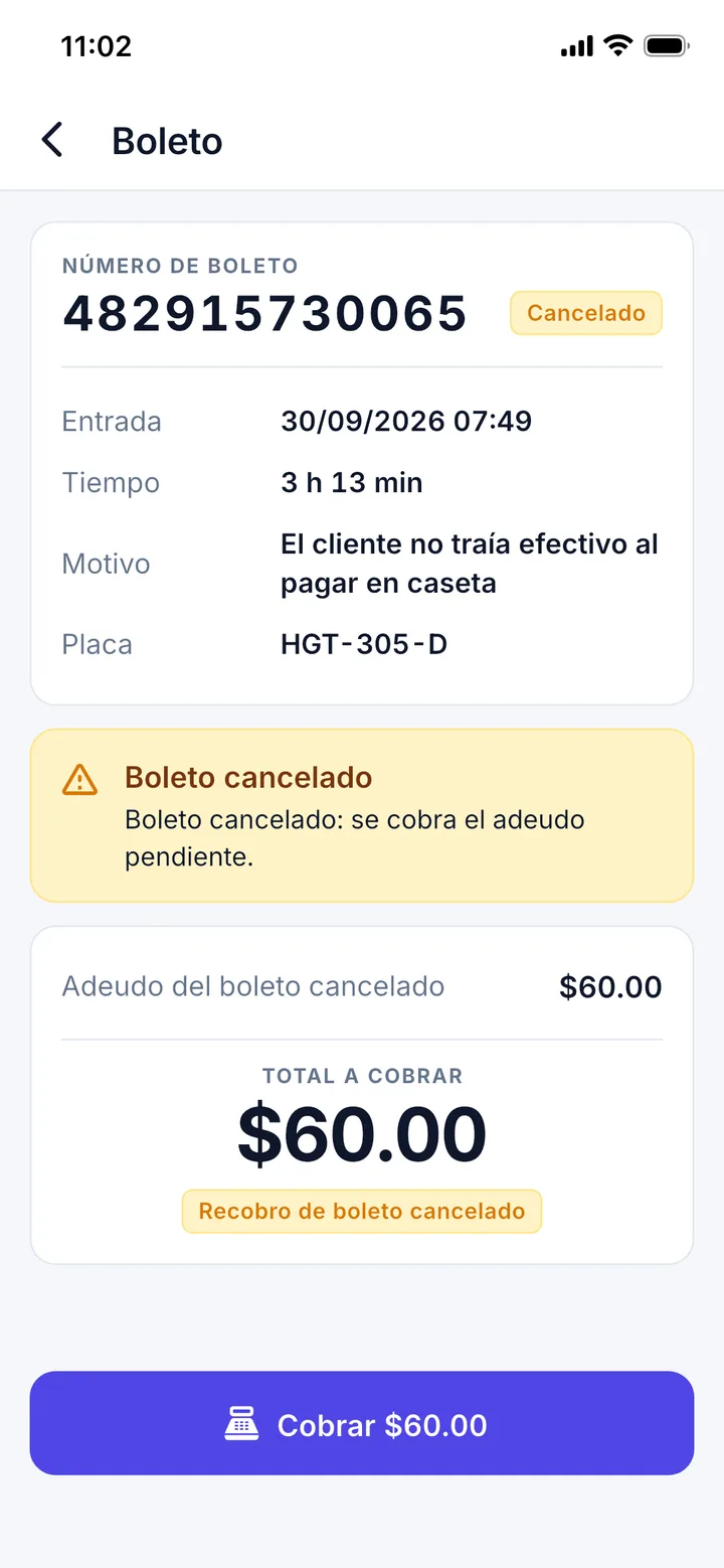 Boleto cancelado con su adeudo de $60.00 y el motivo