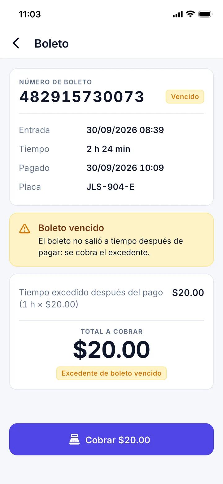 Boleto vencido: se cobra el tiempo excedido después del pago, $20.00